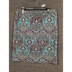 Talbots Pencil Skirt Womens Size 14 Purple Green Paisley Lined Side Zip Stretch